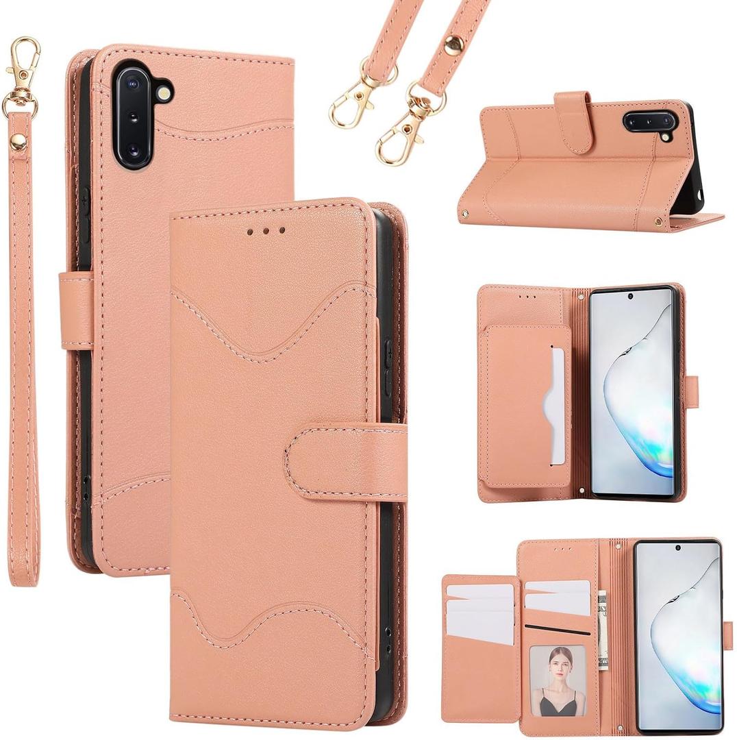 Wallet Case for Samsung Galaxy Note 10 5G with Wrist Strap and Shoulder Strap Card Holder Flip Stylish PU Leather 7+ Card Slots RFID Blocking Phone Cover for Note10 Notes 10s Ten Not S10 Pink