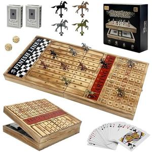 Large 23 inches Horse Racing Board Game with 11 Luxury Metal Horses, Foldable Wood Horse Race Board Game with 2 Sets of Dice, 2 Boxes of Cards for Parties and Gambling