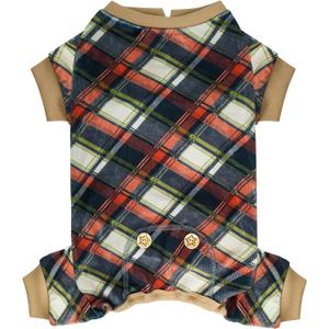 KYEESE Dog Pajamas Plaid Dog Pajamas for Small Dogs Boy Girl Stretchy Onesie Velvet Doggie Jammies Lightweight Pjs Soft Coat Comfy Pet Clothes, Khaki, Medium (Medium (9-13lbs))