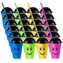 Bokon 24 Pack Smile Face Sipper Cups with Lids and Straws for Kids 12 oz Reusable Plastic Kids Cups with Lids for School Events Birthday Party Supplies, 4 Random Colors