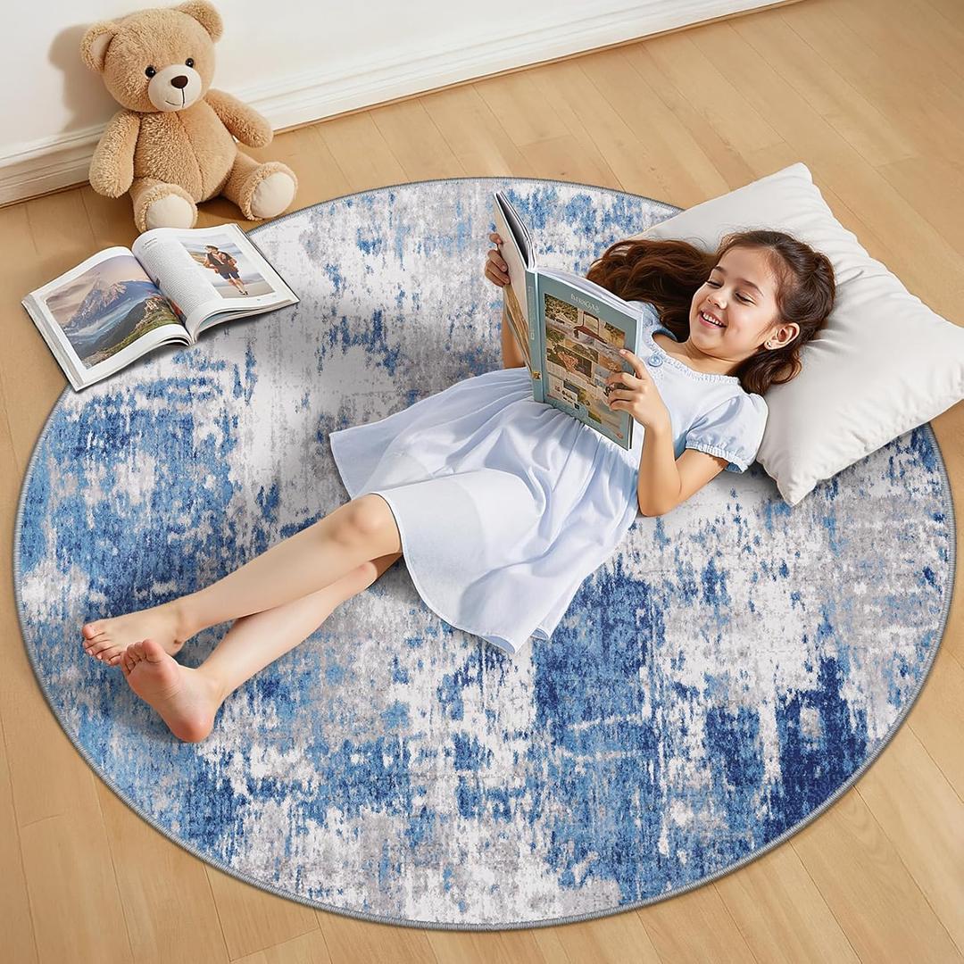 RELEANY Washable Area Rugs 4ft Non-Slip Modern Abstract Soft for Living Room Entryway Bedroom Nursery, Print Pattern, Blue Grey Navy Gray