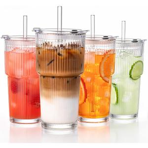 GOSCHE 20oz Glass Tumblers with Straws and Lids, Ribbed Iced Coffee Cups Leak-proof, Dishwasher Safe, Thickened Glass Cups with Lids Ideal for Coffee and Travel, Clear, 4 Pack