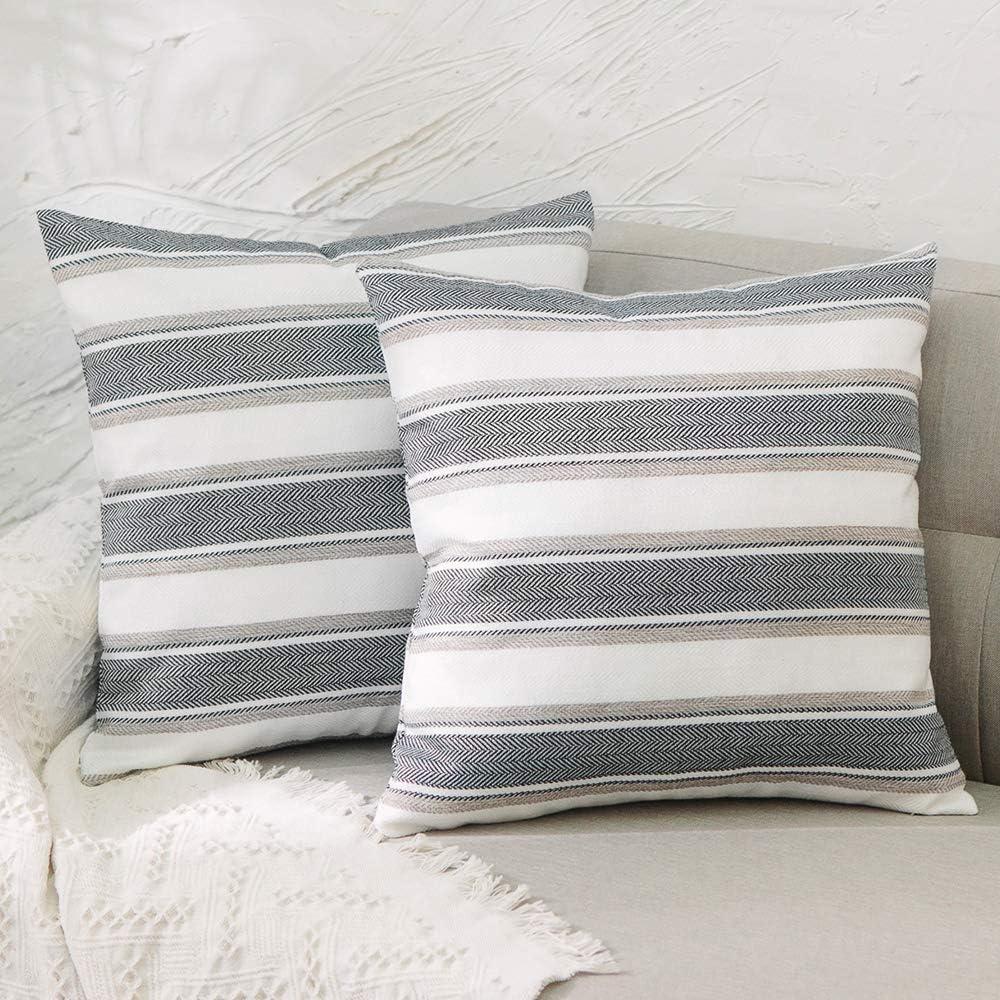 2 Pc 14" x 14" Multi Stripe Small Pillow Case Soft Faux Linen Square Decorative Throw Cushion Cover Pillowcase with Hidden Zipper for Sofa Bed Couch Living Room (Black-white)