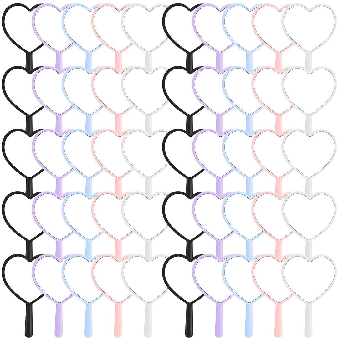 50 Pcs Heart Shaped Handheld Mirror with Handle Bulk Small Portable Travel Makeup Hand Held Mirror 3.15 x 4.72 Inch Mini Plastic Compact Cosmetic Tool for Women Men Girls Daily DIY Use