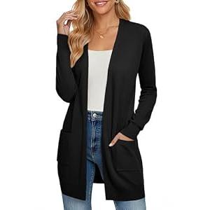 Women's Oversized Open Front Draped Pockets Knit Cardigan Pullover Black L