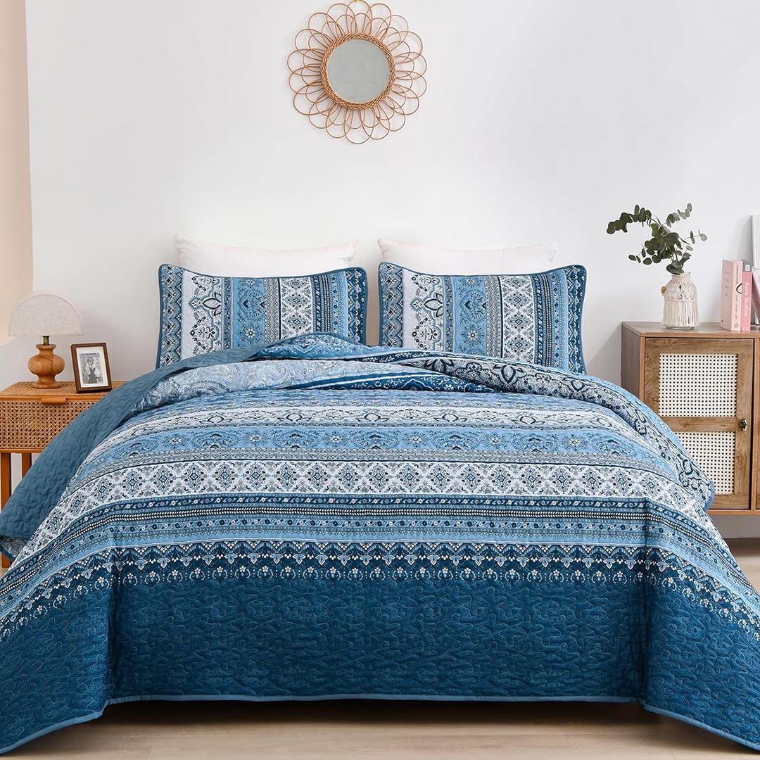 WONGS BEDDING Blue Quilt Set Queen Size, Bohemian Stripe 3 Pieces Quilts Bedspread Set Boho Lightweight Microfiber All Season Bedding Coverlet Set for Queen Bed (96"x90")