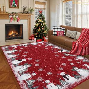 Area Rug 8x10 for Living Room Non Slip Christmas Snowflakes Large Bedroom Area Rugs Low Pile Stain Resistant Holiday Dining Room Throw Carpet Xmas Decoration Indoor Rugs for Nursery Kitchen, Red