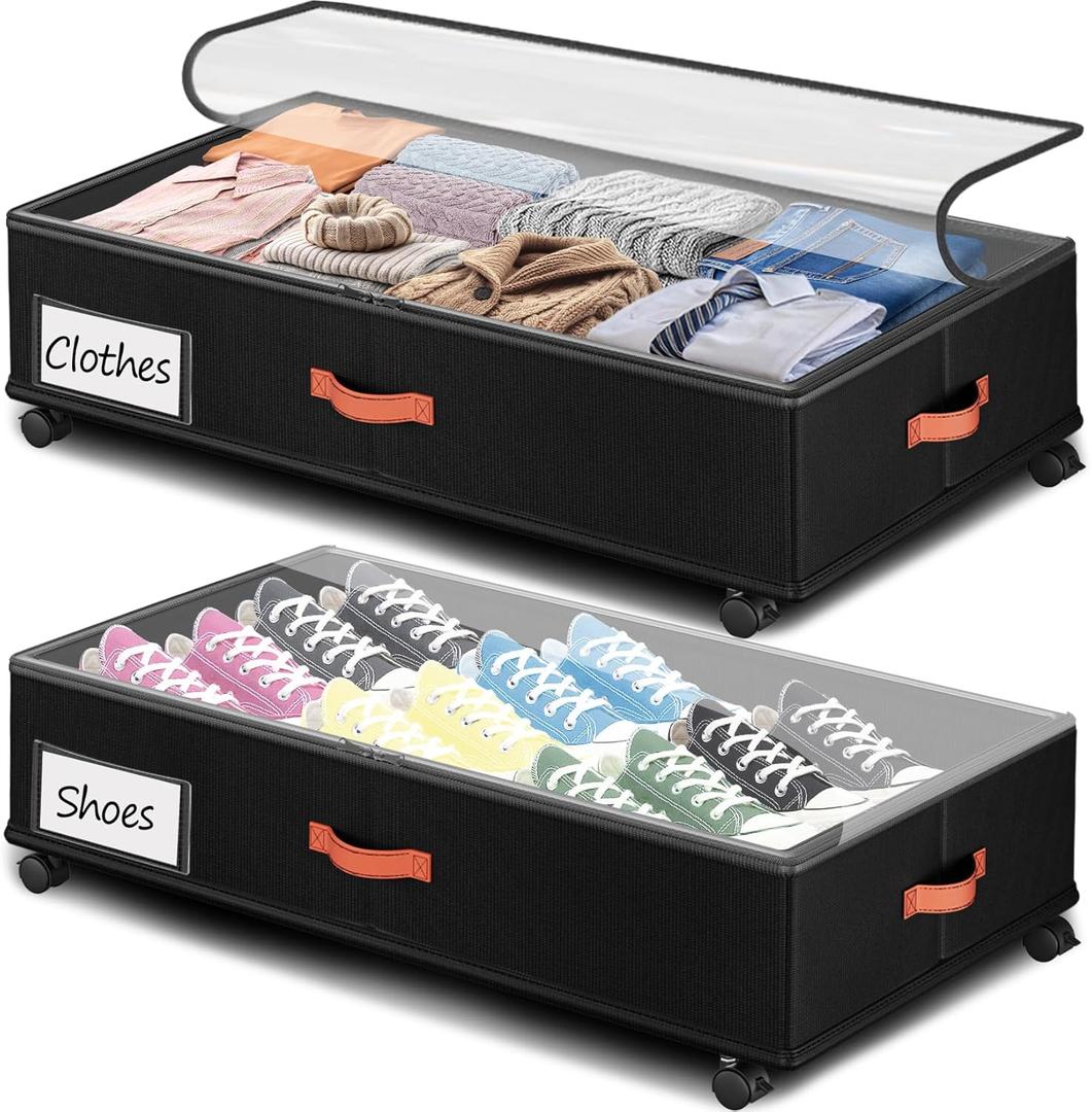 Under Bed Storage with Wheels 2-Pack  66L XXL Larger Stackable Under Bed Storage Containers with Clear Window & Labels, Rolling Under Bed Drawers for Clothes, Shoes, Blankets (Dark Grey) (DeepDrak)