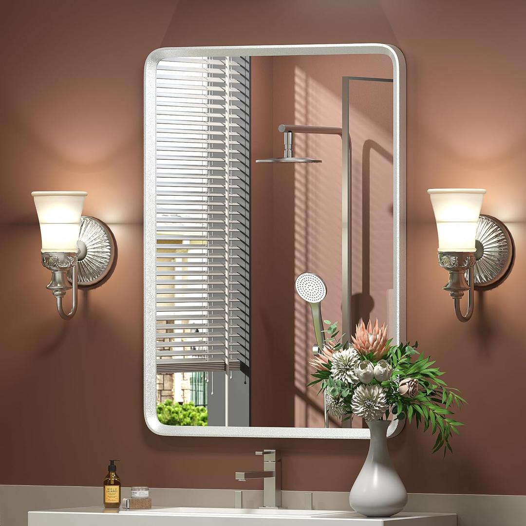 20x30 Inch Silver Framed Mirror, Silver Bathroom Vanity Mirror for Wall, Brushed Nickel, Rounded Rectangle Mirror, Shatterproof, Anti-Rust (Horizontal/Vertical)