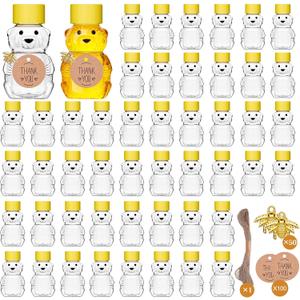 50 Pack Plastic Honey Bear Bottles Jars, 2 oz Honey Bear Cup with Lids Mini Bear Shape Empty Honey Bear Bottle Honey Containers Bulk Jam Juice Candy for Wedding Gifts Baby Shower Favors