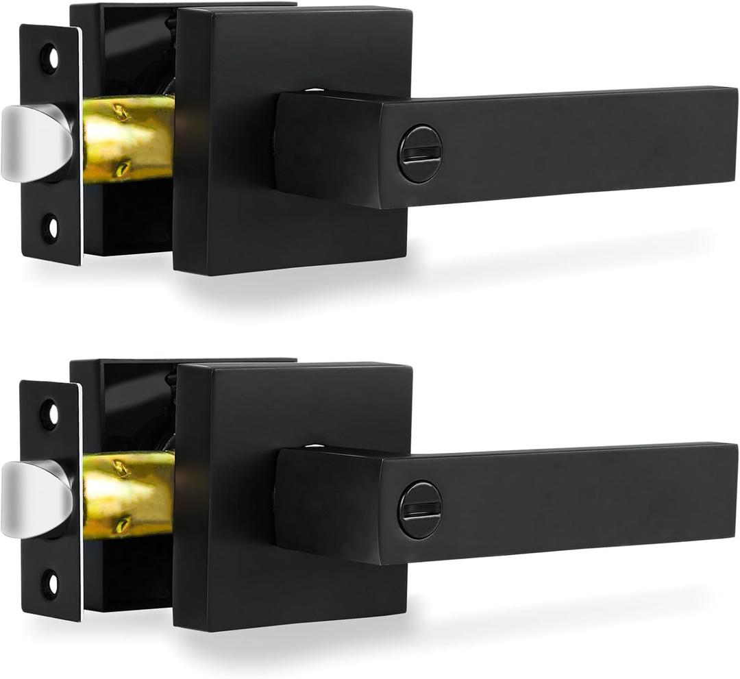 Privacy Interior Door Lever, 2 Pack Heavy Duty Matte Black Door Handles Square Door Knobs for Bedroom & Bathroom Keyless Door Lock Handles for Right & Left Sided Doors