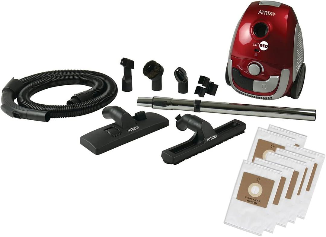 Atrix Red Lil Portable Canister Vacuum Cleaner Premium Bundle with Extra Filters, Lightweight, 3-Stage HEPA Filtration, 2-Quart Bag, Variable Speed 1200W Motor, 16.5 Auto-Retract Cord & Tools