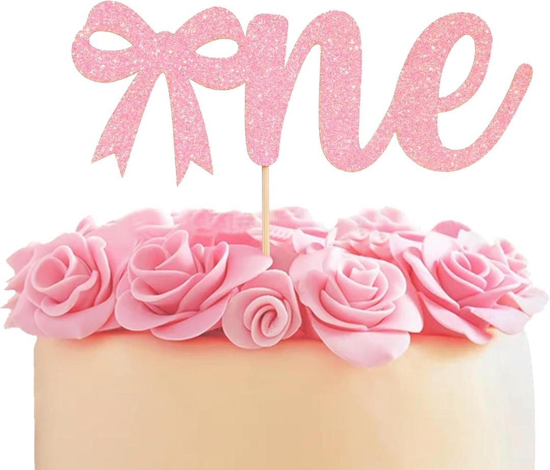 Pink Bow 1st Birthday Cake Topper - Pink Bow Tie One Party Decorations for Girls, Sweet 1st Birthday Photo Smash Props, Baby Girl Cake Topper