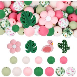 120pcs Silicone Beads for Keychain Making,Focal Beads and 15mm 12mm Silicone Beads for Pens Bracelet Making DIY kit (Flamingo)