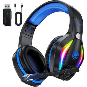 Fachixy FC-100 Wireless Gaming Headset for PS5, PS4, Switch - Gaming Headphones with Lossless Audio & 50Hrs Battery Life - Gamer Headset with Microphone for Mac, Laptop, Mobile (Blue)
