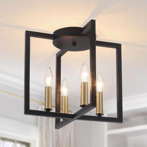 Modern Farmhouse 4-Light Black and Gold Ceiling Light Fixture, Industrial Close to Ceiling Light with Geometric Metal Shade, Perfect for Kitchen, Hallway, Bathroom