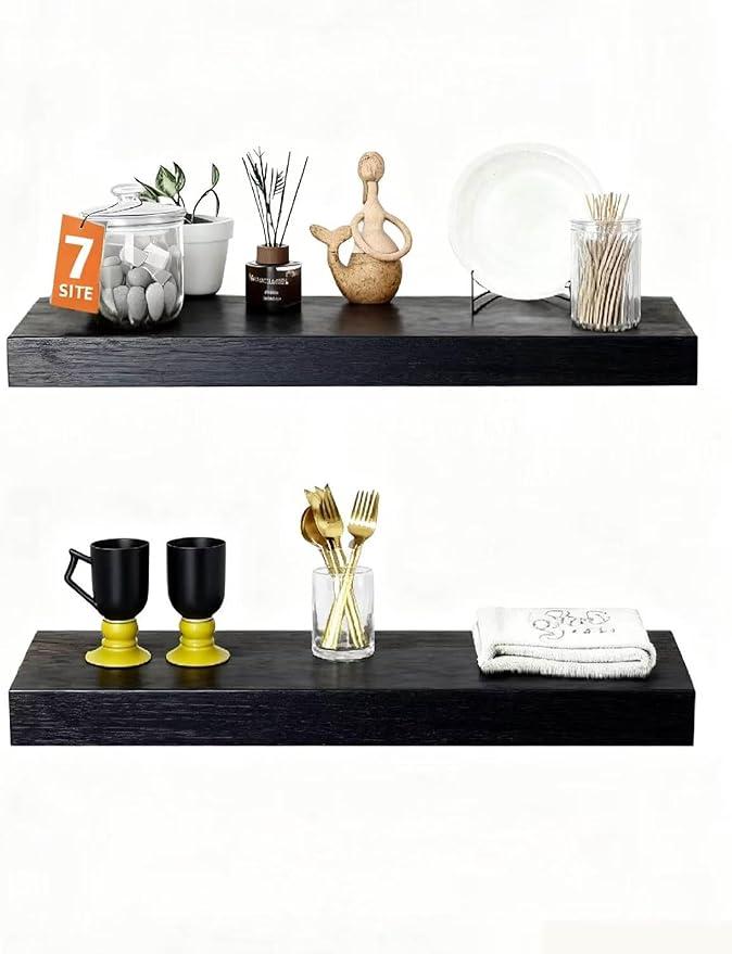 Solid Wood Floating Shelves,V15in Finished Real Wood Wall Shelves with Heavy-Duty Hidden Bracket, Easy Installation, Set of 2, 15in x 7.9in x 1.5in, for Living Room Bedroom Kitchen,VBlack