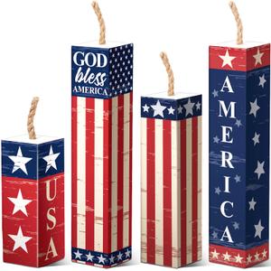 Wesiti 4 Pcs 4th of July Decorations, Vintage Patriotic Wooden Firecracker Decor, Rustic Red White Blue Farmhouse Tiered Tray Signs for Memorial Day, Independence Day, 250th Anniversary
