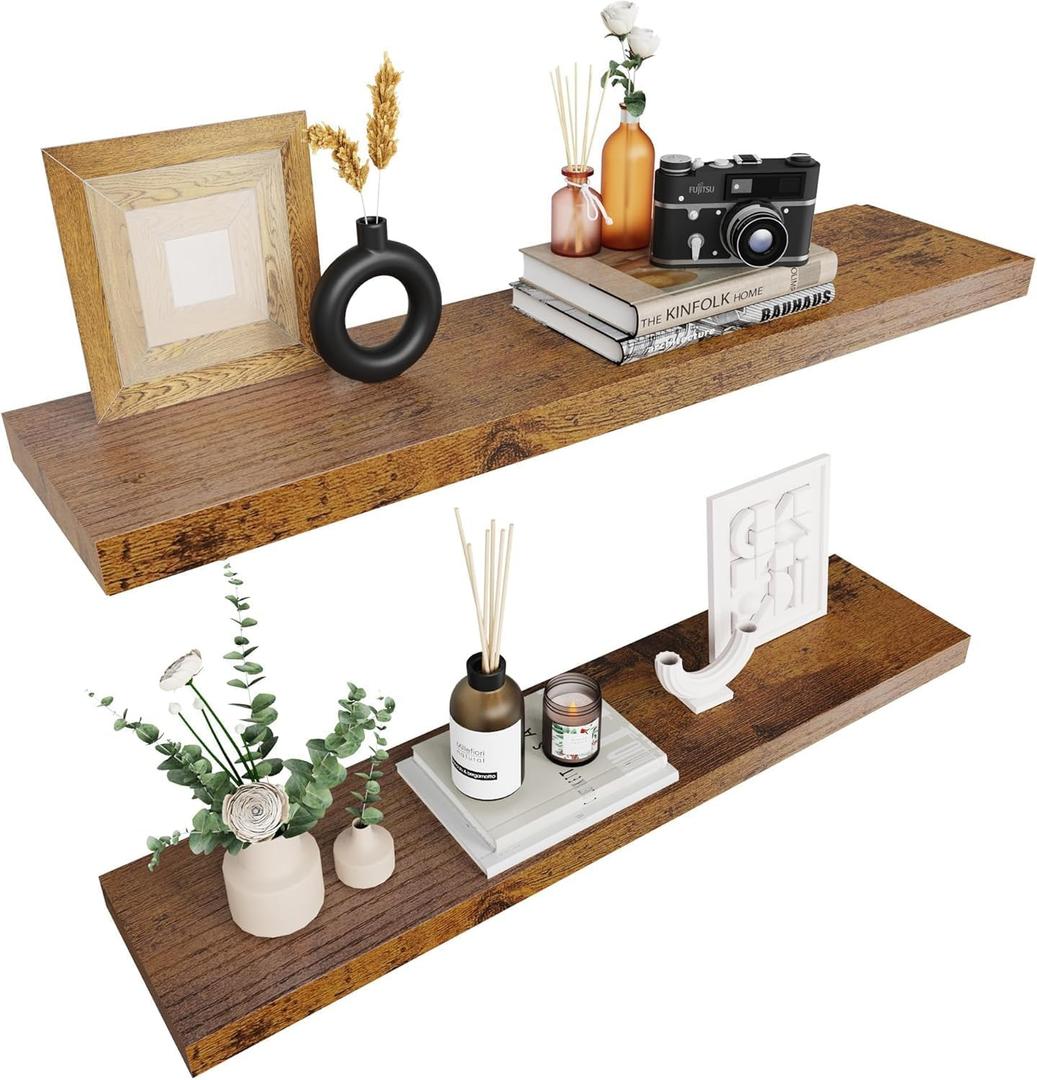 Colima Upgraded Floating Shelves for Wall Brown Wood Wall Shelf for Bedroom, 36 Inch Wall Mounted Floating Shelves for Bathroom Living Room, 1.3" Thick Floating Book Shelves for Wall, Set of 2