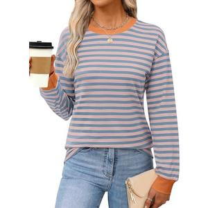 ANRABESS Long Sleeve Shirts for Women Striped Crewneck Loose Fit Tunic Tops 2025 Fall Color Block T-Shirt, M