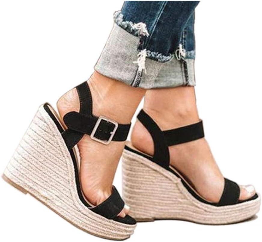 VICKIVICKI Women's Espadrille Wedge Sandals Open Toe Platform Summer Shoes Braided Adjustable Ankle Strap High Heels for Dressy Casual Beach Wedding (8, Black-1#)