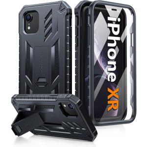 FNTCASE for iPhone XR Phone Case: Military Grade Full Protection Shockproof Hard Phonecase with Kickstand - Rugged Protective Cases Matte Textured Drop Proof Heavy Duty Cover - Black
