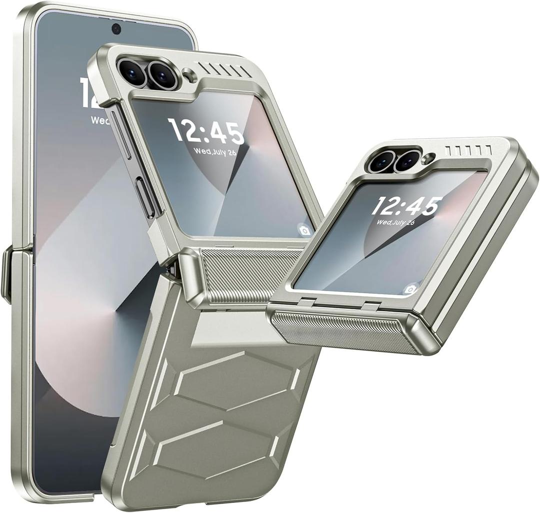 Vizvera for Samsung Galaxy Z Flip 6 Case with Hinge Protection, Built-in Screen Protector Shockproof All-Inclusive Phone Cover for Z Flip 6/Z Flip 7 FE-Natural Titanium