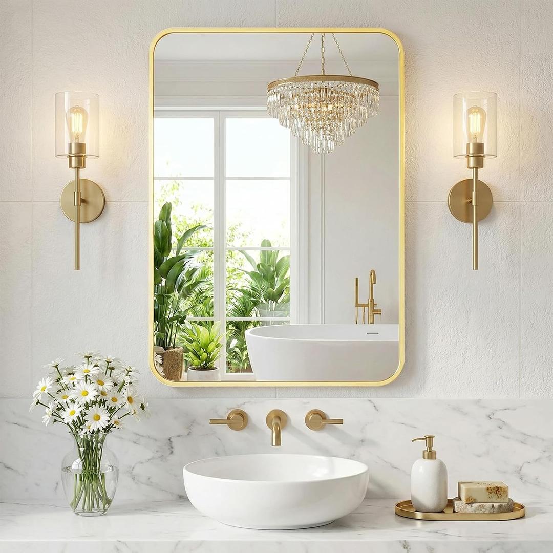 NEWBULIG 20X28 Inch Bathroom Mirror, Rectangle Wall Mirror with Rounded Corners, Gold Vanity Mirrors for Bathroom Sink with Metal Frame for Bedroom, Entryway, Hangs Horizontally or Vertically