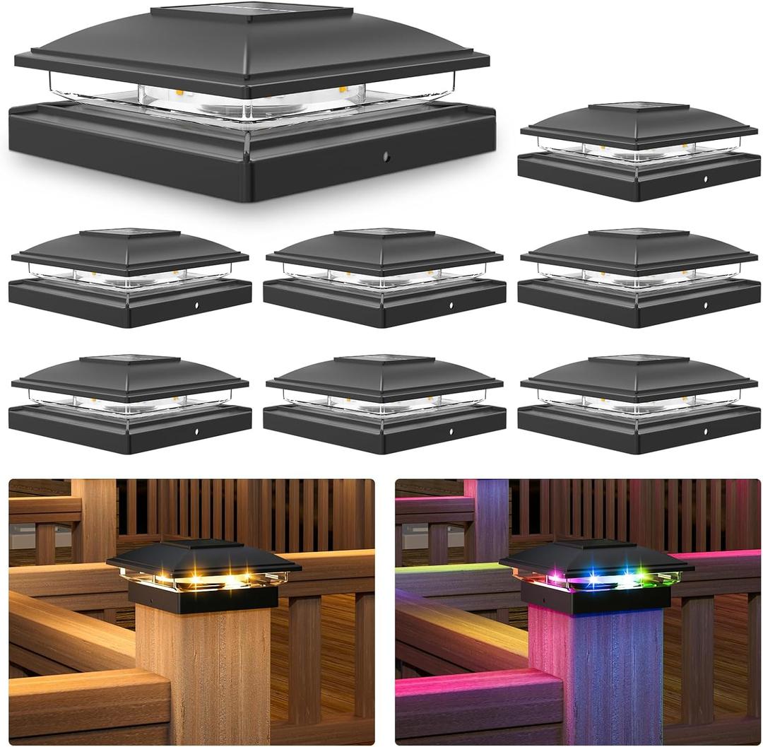 VOLISUN Solar Post Cap Light Outdoor Waterproof: RGB Color Changing - Solar Fence Post Flashing Lights 8 Pack Black for 4x4 x5 x6 WoodenVinyl