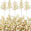 Cindeer 40 Pieces Christmas Tree Decorations Include 20 Glitter Berries Stems and 20 Xmas Tree Pick Leaves Fake Christmas Picks Artificial Pine Needles Glitter Sticks for DIY Wreath (Gold)
