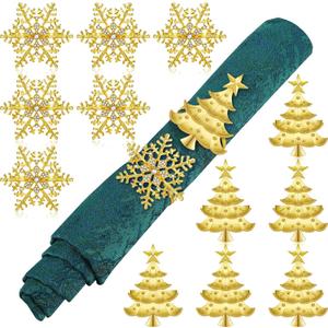 12 Patelai Christmas Napkin Rings Snowflake Napkin Rings Xmas Tree Napkin Ring Holder Buckle Rhinestone Metal Napkin Ring Holder Christmas Napkin Rings for Xmas Wedding Dinner Table Decor (Gold)