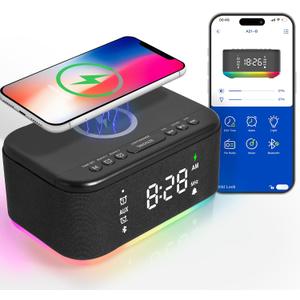Bluetooth Alarm Clock Radio Bedroom, Digital Dual Alarm Clock Bedroom, Up to 10 Alarms Clock Night Light Speaker App/Button Control FM Charge Snooze Adjustable Brightness Dim 12/24H, JetBlack