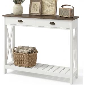 ChooChoo Farmhouse Console Table with Drawer for Entryway, Narrow Long Entry Table with Shelf for Living Room, Rustic Vintage Hallway Sofa Table with Stable X Supports, 40 White (39.37"W*11.81"D*31.5"H)