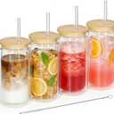 4 Pack Glass Cups with Lids and Straws 12 oz Double Wall Glass Tumbler Insulated Borosilicate Iced Glass Coffee Cups for Iced Coffee, Smoothies, Tea, Juice (Clear)