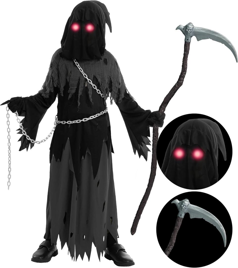 Spooktacular Creations Glowing Eyes Grim Reaper Costume for Kids, Halloween Costume for Boys, Halloween, Dress-up Party (Black)
