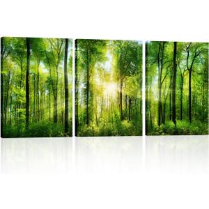 Green Forest Canvas Wall Art: Large Nature Wall Art Tree Pictures Sunrise Landsapce Art Framed Scenery Wall Mural Painting Wall Decor for Bedroom Living Room Office(3 Panel,16 x 24 Inch)