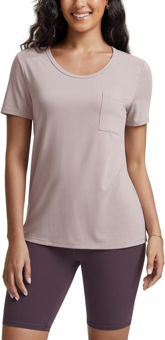 ODODOS Women's Short Sleeve T-Shirts with Pocket - Ultra Soft Relaxed Tee Casual Lounge Yoga Tops, Dusty Pink, X-Small