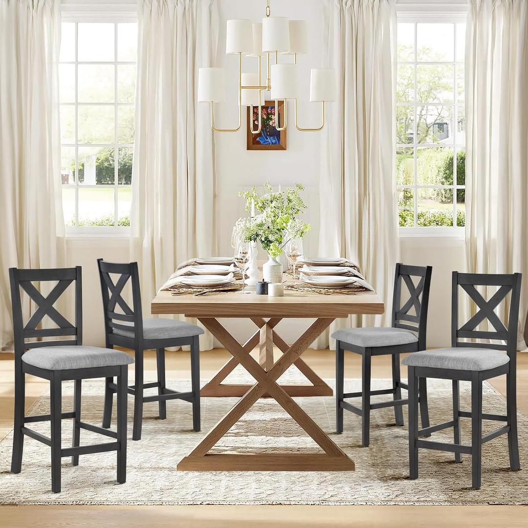 COLAMY Wooden Bar Stools Set of 4, Counter Height Bar Stools, Mid Century Modern Bar Stools with Backs, 25 Inch Upholstered Fabric Wooden Barstools for Kitchen Island Dining Room Bar, Dark Grey