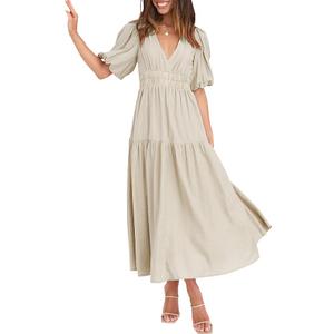 Women's Summer V Neck Short Puff Sleeve A Line Tiered Midi Dress Boho Empire Waist Long Flowy Beach Dress, Small 
