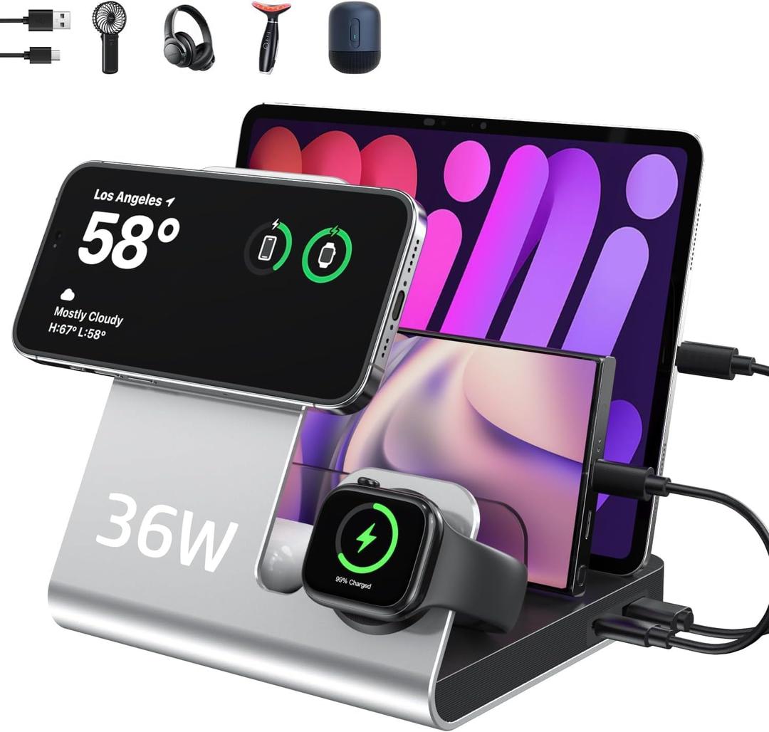 WHJ 5 in 1 Wireless Charging Station for Apple Devices - Mag-Safe Wireless Charger Stand, Magnetic 15W Fast Charger for iPhone 17 Air/16/15/14/13/12 Pro Max, Apple Watch 1-10/Ultra & AirPods(Silver)