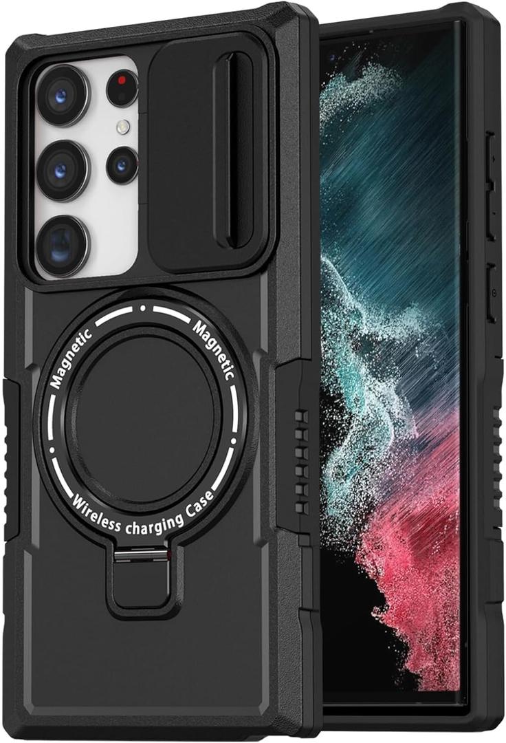 for Samsung Galaxy S22 Ultra Magnetic Case [Compatible with MagSafe] with Camera Cover & Magnetic Ring Kickstand, Military Grade Heavy Duty Case for Samsung S22 Ultra 6.8'', Black
