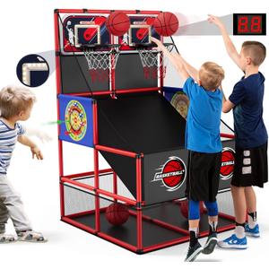 2 in 1 Dual Shot Basketball Arcade Game with 2 Dart Boards/Electronic Scoreboard/LED Light, Kids Basketball Hoop for Home Indoor Outdoor, Sport Toys for Boys Girls