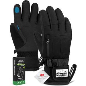 Hikenture Snow Gloves for Men&Women, 3M Thinsulate Waterproof Skiing Gloves with Pocket and Touchscreen Functionality (X-Large, Black)
