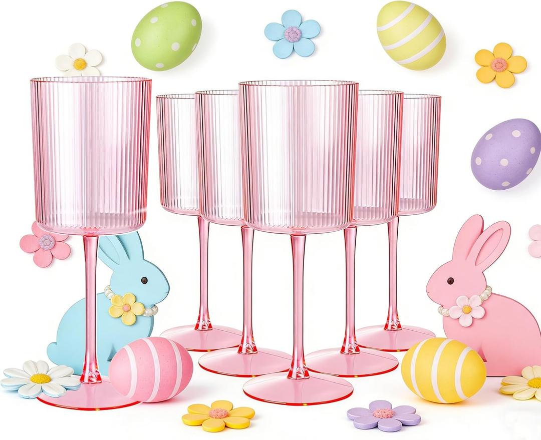 Ciaell 12 PCS Pink Plastic Ribbed Wine Glasses - 10 OZ Plastic Square Wine Glasses with Stem - Disposable Champagne Cups for Parties & Weddings & Easter