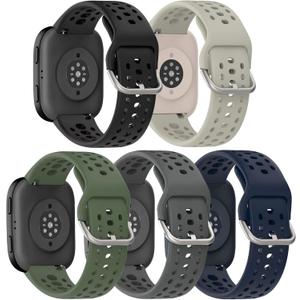 5Pack Silicone Watch Band for Amazfit Bip 6/ Bip 5, Soft Sport Breathable Replacement Wristband Strap for Amazfit GTR 4/3 Pro/3/2/2e/47mm Men Women (Black/Green/Charcoal/Deep Blue/Stone)