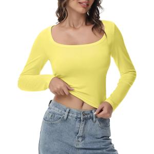 Women's Long Sleeve Crop top, Ribbed & Slim Fitted Cotton Shirts, Square Crewneck Tee Basics for Daily & Casual Wear (Large, Xyellow)