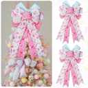 2 Pack Pink Christmas Tree Topper Bows, 12 x 20 Pastel Christmas Tree Decor Large Candy Craft Bows Ornaments with Pastel Wired Edge Xmas for Home Front Door Decor
