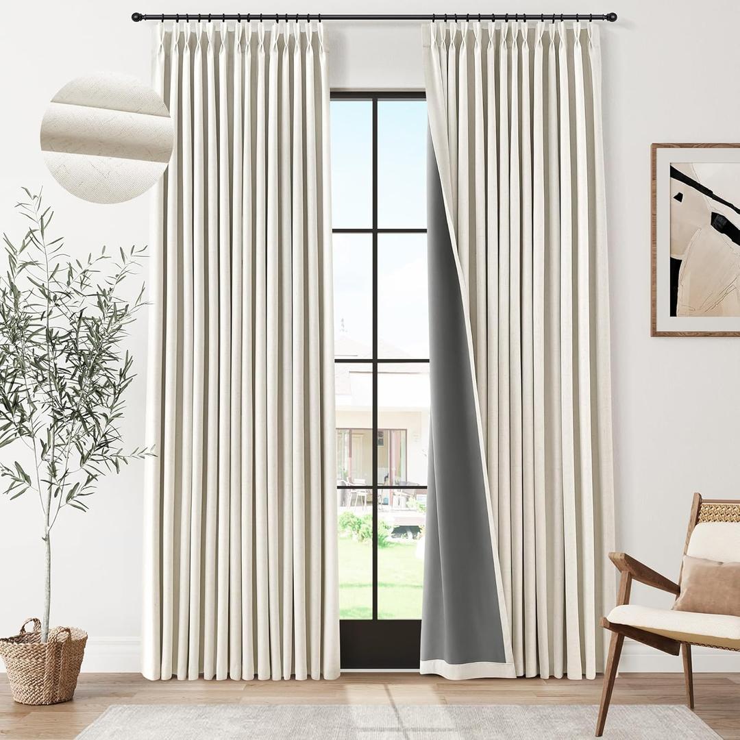 Pinch Pleated 100% Blackout Linen Curtains 96 Inches Long for Bedroom Living Room Memory Trained Pinch Pleat Linen Curtains Rustic Farmhouse Thermal Insulated Natural Cream Pleated Drapes 8ft 40x96