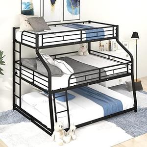 Acosure Twin XL/Full XL/Queen Triple Bunk Bed with Long and Short Ladder & Full-Length Guardrails,3 Bed Frame in 1 w/Stairs,Easy Assembly,for Adult Kid Boy Girl Teen,Black