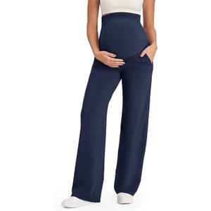 G4Free Maternity Pants Over The Belly Yoga Dress Work Pregnancy Pants Stretchy Lounge Wide Leg Trousers with Pockets (Medium, Royal Blue)